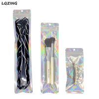 Long Style One Side Clear Holographic Ziplock Plastic Bag Retail Packaging Laser Silver Cosmetic Tools Zipper Bag With Hang Hook