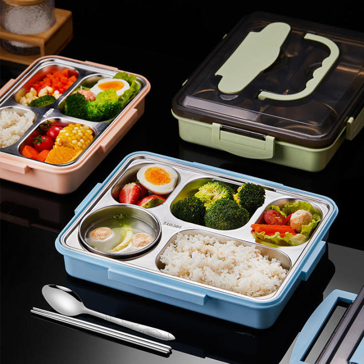 Stainless Steel 5-compartment Lunch Box With Soup Bowl, Leakproof