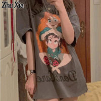 Zhu Xia?เสื้อผ้าผู้หญิงสวยๆ?คอกลม ใส่สบายๆ เสื้อยืดนิคสำหรับผู้หญิง,เสื้อแขนสั้นลายการ์ตูนเวอร์ชันเกาหลีทรงหลวมรุ่นใหม่เสื้อผ้านัก