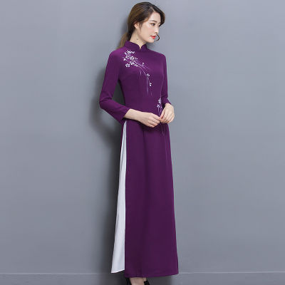 6250การออกแบบเดิม Aodai เสื้อผ้าสตรีสไตล์จีนอารมณ์ที่ดีขึ้น Cheongsam ยาวชุดย้อนยุคชุดน้ำชา