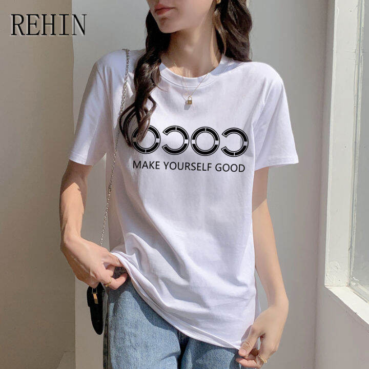 rehin-เสื้อยืดแขนสั้นสำหรับผู้หญิง-เสื้อแฟชั่นสไตล์เกาหลีแบบใหม่คอกลมพิมพ์ลายตัวอักษรเสื้อยืดทรงหลวมเรียบง่ายลำลองอเนกประสงค์สำหรับฤดูร้อน