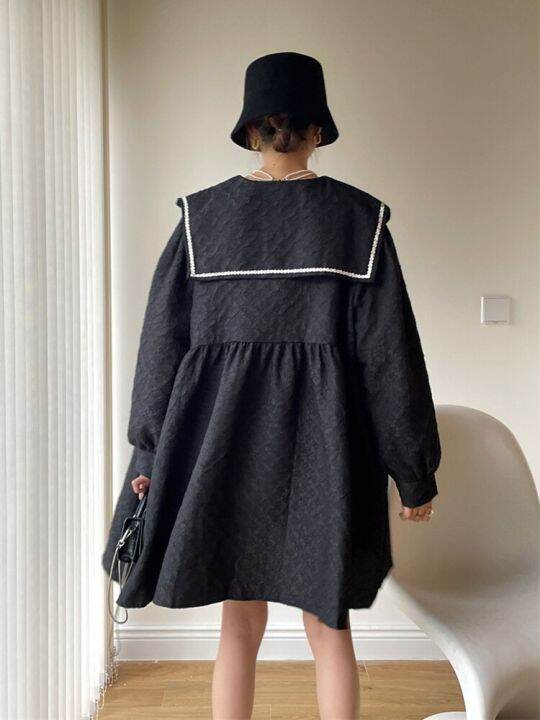 xitao-dress-loose-contrast-color-splicing-peter-pan-collar-long-sleeve-dress