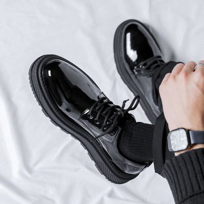 Black British Style Thick Bottom Round Toe Patent Leather Shoes Work Shoes Handmade Casual Formal Oxford Shoes Lace Up Men Shoes