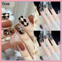 FXUP ตะปูตอกที่ถอดออกได้24ชิ้นเล็บปลอมสไตล์ฤดูหนาวฤดูใบไม้ร่วงสีน้ำตาลคริสตัลนางระบำยาวสีเทาฝรั่งเศส
