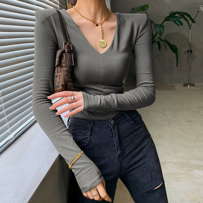 Cotton T-shirt Womens Long Sleeves V-neck Tops Autumn 2022 Cushioned Shoulder Tops Slim Bottoms Clothes New Office Lady 15805