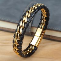 Genuine Leather Chain Bracelet for Men Magnetic Stainless Steel Clasp in Plated Gold Exclusive Jewellery Gift Wholesale Dropping