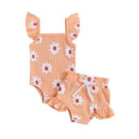 Baby Girl Summer Fashion Floral Jumpsuit Casual Set Print Flying Sleeveless Rompers and Ruffle Shorts Outfit  by Hs2023