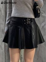 【CC】♨✌  SUCHCUTE Punk Up Leather Skirts A-line Waist Gothic Streetwear