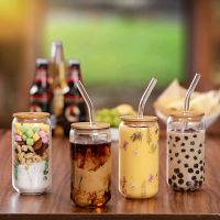 Drinking Glasses with Bamboo Lids and 4Pcs Set - 16Oz Can Shaped Glass Cups,Beer Glasses,Iced Coffee Glasses