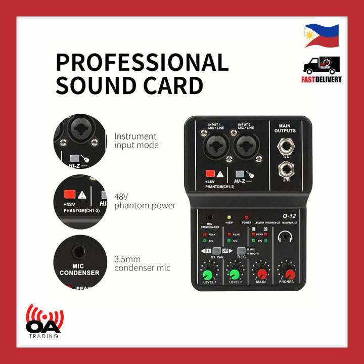 TEYUN Q12 Audio Interface 16bit/48khz Sound Card 48V Phantom Power