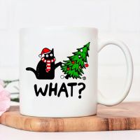 Merry Christams Mugs Cat Pushes Christmas Tree What？Ceramic Mugs Juice Mugs New Year Gifts Creative Water Cup