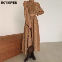 BGTEEVER Vintage Elegant Long Sleeve Mid-length Floral Dress for Women 2020 Autumn Vestidos Stand Collar Slim Waist Female Dress