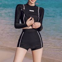 2 Pieces Rash Guards Long Sleeve Ladies Shirt Tunic Top Shorts Women Solid Color Label Printed Navel Exposed Bathing Suit