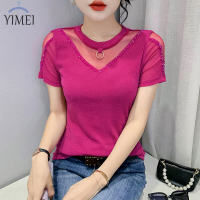 ➧YIMEI เสื้อยืดลูกปัด MODE Korea สำหรับผู้หญิง,เสื้อยืดตาข่ายเซ็กซี่ใหม่สำหรับฤดูร้อน2023