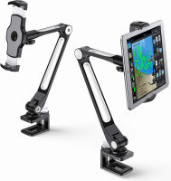 AboveTEK Sturdy iPad Holder, Aluminum Long Arm iPad Tablet Mount, 360° Swivel Tablet Stand &amp; Phone Holder with Bracket Cradle Clamps 4"-11" Devices for Kitchen Bedside Office Desk Showcase(Black)