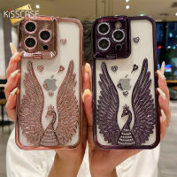 KISSCASE เคสโทรศัพท์แบบใสปีกนางฟ้าแบบพับได้,สำหรับ Iphone 15 14 13 12 Pro Max พร้อมขาตั้งอุปกรณ์เสริมสำหรับหมวกกันน็อคแวววาวป้องกันฟิล์มเลนส์รวมทุกฝาครอบด้านหลังกันกระแทก TPU สำหรับ Iphone 15 14 13 12 11