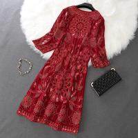 【YF】 Sidaimi Vintage Embroidery O-neck Mother In Law Wedding Dress Red Party With Sequin Flowwers