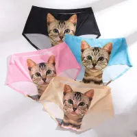 Hot Sexy Women 39;s Cartoon Ice Silk Print Cat Head Panties Tangas Mid-Waist Seamless Comfort Breathable Briefs Soft Lady Lingerie