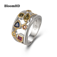 BloomHD สง่างามแหวนเงินและสีทองแหวนแฟชั่นกลวงออกฝังอัญมณีสีฟ้าแหวนหมั้นสำหรับผู้หญิงเครื่องประดับงานแต่งงาน