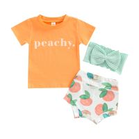 Fashion Summer Newborn Baby Girl Clothes Set Short Sleeve Letter Tops Peach print Shorts Headband Infant 3Pcs Outfits  by Hs2023