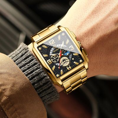 BINBONG Mens Watches Top Brand Luxury Gold Strap Quartz Watch Square Dial Design Stylish Men Watch Luminous Waterproof Relogio