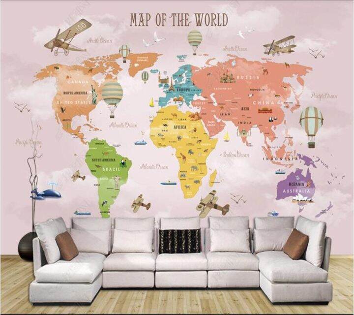 Cartoon world map children's room 3d wallpaper children bedroom wall