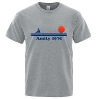 Amity เสื้อยืด1975-Jaws เสื้อเชิ้ตพิมพ์ลายสำหรับผู้ชายย้อนยุคความคิดสร้างสรรค์สำหรับฤดูร้อนท็อปส์ซูคอรอบใหม่เสื้อยืดแบรนด์ตลกสำหรับผู้ชาย Xs-3xl สไตล์ป๊อปยูนิเซ็กซ์