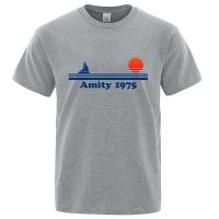 Amity 1975-ขากรรไกร Retro พิมพ์ Tshirt Men ความคิดสร้างสรรค์เหงื่อเสื้อผ้าแฟชั่น Tee เสื้อผ้า T เสื้อ Breathable ฝ้ายเสื้อยืด Man