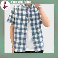 Cheng Ming เสื้อยืดคอปกกางเกงขาสั้นผู้ชายเสื้อคาร์ดิแกนทันสมัยลายสก๊อตลำลองเสื้อผ้าฝ้ายฤดูร้อน