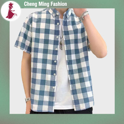 Cheng Ming เสื้อยืดคอปกกางเกงขาสั้นผู้ชายเสื้อคาร์ดิแกนทันสมัยลายสก๊อตลำลองเสื้อผ้าฝ้ายฤดูร้อน