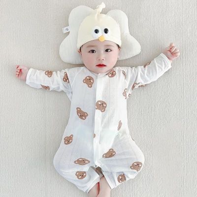 【Ready】🌈 Baby jumpsuit summer thin section long-sleeved bamboo fiber newborn clothes summer male and female baby air-conditioning pajamas