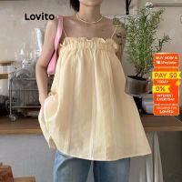 COD SDGREYRTYT Lovito Casual Plain Ruffle Spaghetti Strap Lined Women Tank Top Cami L45AD032(Apricot)