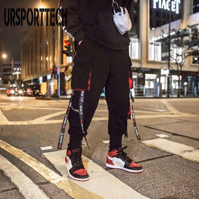 URSPORTTECH Hip Hop Ribbons Cargo Pants Men Joggers Pants Streetwear Men 2020 Summer Fashion Elastic Waist Trousers For Men XXXL