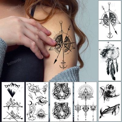 Waterproof Temporary Tattoo Compass Dreamcatcher Rose Flowers Freedom Tatto Stickers Black fake tattoos for girl women lady men