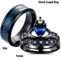 Charm Couple Ring Stainless Steel Black Mens Ring Blue Zircon Womens Ring Sets Valentines Day Wedding Band Jewelry