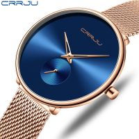 「Dark blue watch」CRRJU นาฬิกาแฟชั่นผู้หญิง,หรูหราเรียบง่ายลำลองผู้หญิงนาฬิกาข้อมือตาข่ายชุดเดรสเรียบง่ายนาฬิกาควอตซ์ผู้หญิงกันน้ำ