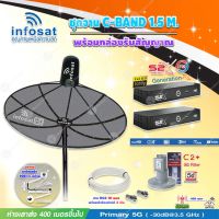 Infosat C-Band 1.5 เมตร (ขางอยึดผนัง 150 cm.มีก้านยึด) + LNB รุ่น C2+ (ป้องกันสัญญาณ 5G รบกวน) + PSI กล่องทีวีดาวเทียม รุ่น S2 X (2 กล่อง) +สายRG6 ยาวตามชุด(2เส้น)