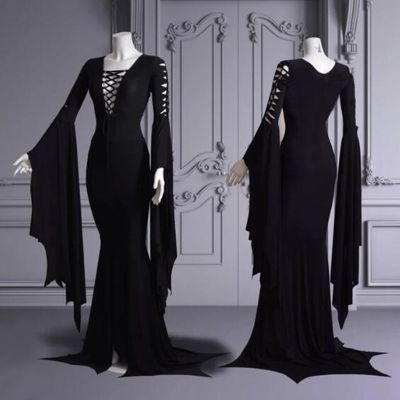 ✎℗ Halloween Cosplay Morticia Addams Floor Dress Costume Adult Women Punk Gothic Witch Vintage Sexy Hollow Lace Up Slim Gown Dress