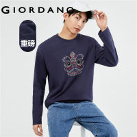 GIORDANO Men T-Shirts Lion Dance Embroidery 100% Cotton Tee Crewneck Long Sleeve Simple Basic Fashion Casual Tshirts 18023631