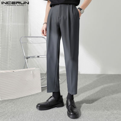 INCERUN กางเกงผู้ชายสำหรับกางเกงลำลองออฟฟิศทางการกางเกงทรงสแล็คเข้ารูปแบบปกติขายาว (สไตล์เกาหลี)