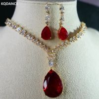 KQDANCE Tear Drop Lab Emerald Green Ruby Red White Zirconia Diamond Earrings And Necklace Two Piece Bride Jewelry Set Wedding