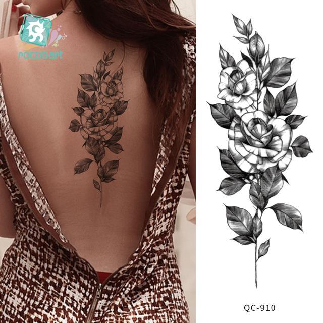 yf-waterproof-temporary-tattoo-sticker-hand-drawn-black-and-white-lotus-design-body-art-fake-flash-back-female-male