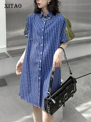 XITAO Dress Fashion Goddess Fan Casual Striped Shirt Dress
