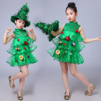 Girls Christmas Tree Costumes Kids Cosplay Outfit Dress with Hat for Show Performance Party Xmas A66