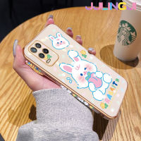 Jlingji เคสสำหรับ Realme 8 5G 8S 5G Q3i V13 5G Narzo 30 5G เคส Q3กระต่ายสีขาวน่ารักการ์ตูนสุดหรูกรอบชุบสี่เหลี่ยมเคสมือถือซิลิโคนกันกระแทกฝาครอบด้านหลังป้องกันเลนส์กล้อง