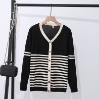 【มีไซส์ใหญ่】Plus Size XL-4XL Womens Striped False Button Black Sweaters Long Sleeved Casual Vintage Female Pullovers Large Size Outerwear