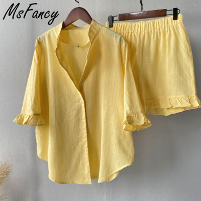 Msfancy Summer Shorts Sets Women Cotton 2 Piece Set  Mujer Stand Collar Shirt Half Sleeve Vintage Pajamas Suit