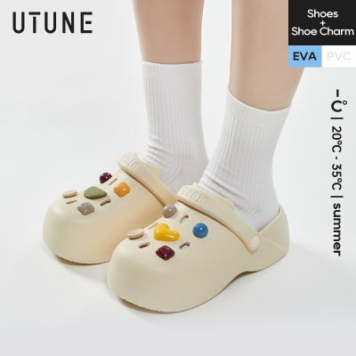 UTUNE Thick Hole Womens Mules Sandals High Heeled Summer Shoes and Charm Beach Outside EVA Slides Soft Non-slip Indoor Slippers