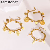 Kemstone สแตนเลสหญิง Double Layer Cross Hand Of Fatima Heart Chain Link Charm สร้อยข้อมือเครื่องประดับชุบทอง Gift