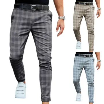 Mens Checker Slim Fit Plaid Checkered Pants Stretch Casual Work Pants  Trousers